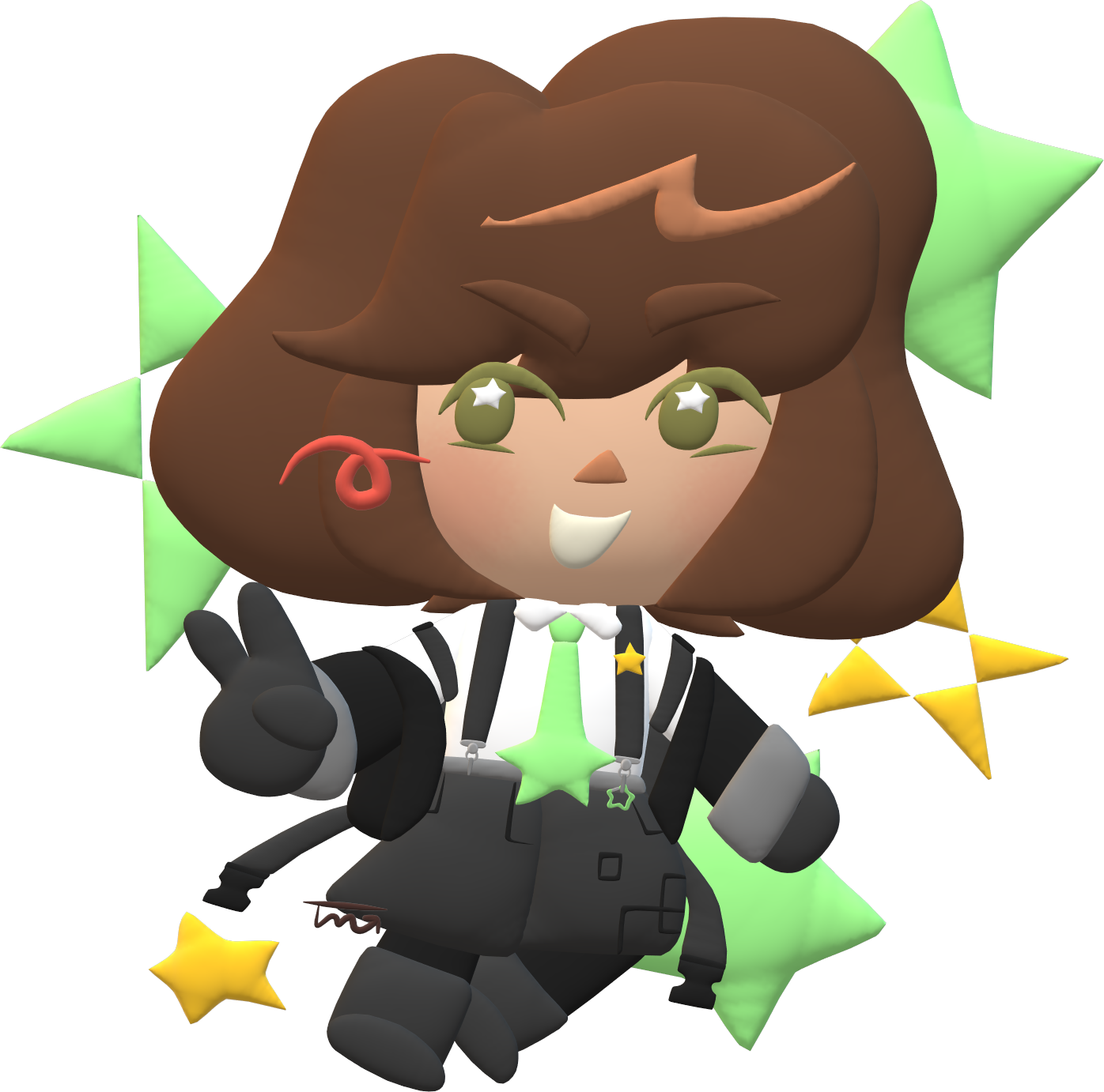 a paint 3d render of tay's sona, a person with short brown hair and a green star-shaped tie